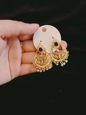 Gold and Black Filigree Chandbali Earrings with Pearl Drops